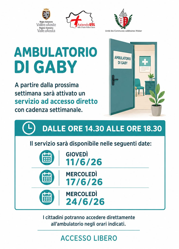 Locandina informativa dell'Azienda USL Valle d'Aosta sull'apertura dell'Ambulatorio di Gaby ad accesso libero